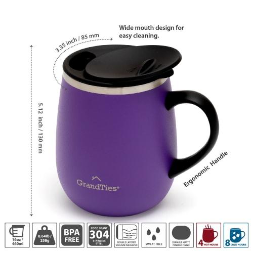 GRANDTIES Premium Vacuum Insulated Mug, 460ml, Available in 19 Colors, with Easy-Open Sliding Lid, Stainless Steel Double-Wall Vacuum Insulation, and