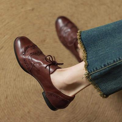 Модные туфли из коровьей кожи на низком каблуке со шнуровкой на весну и осень, женские туфли-оксфорды с круглым носком, туфли-броги для отдыха