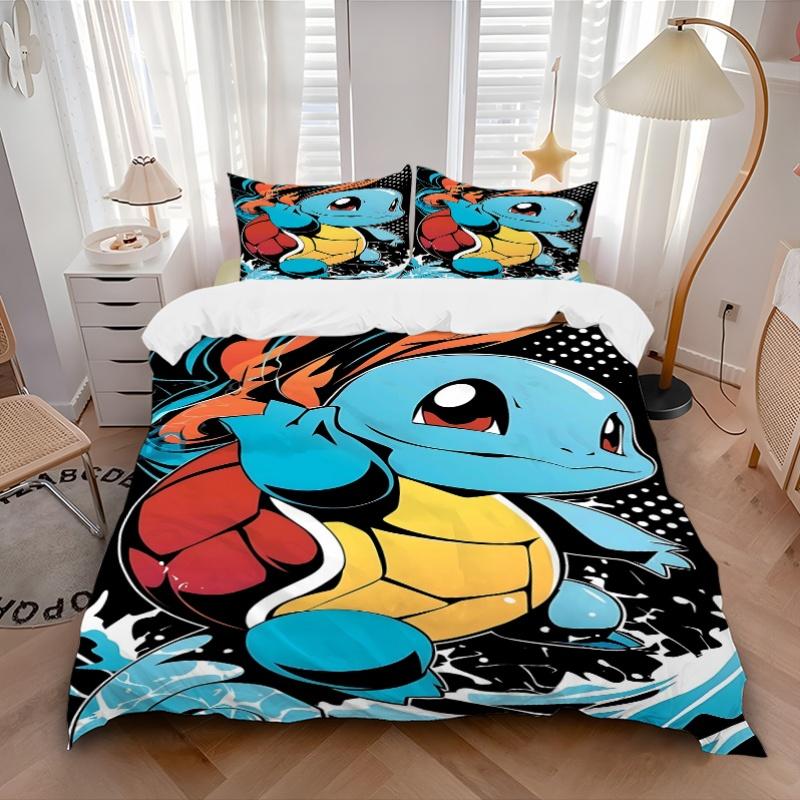3pcs bedding set Pokemon Squirtle Includes 1 Comforter + 2 Pillowcases, Without Pillow Inserts, Soft Comfortable, Lightweight Breathable, Pr