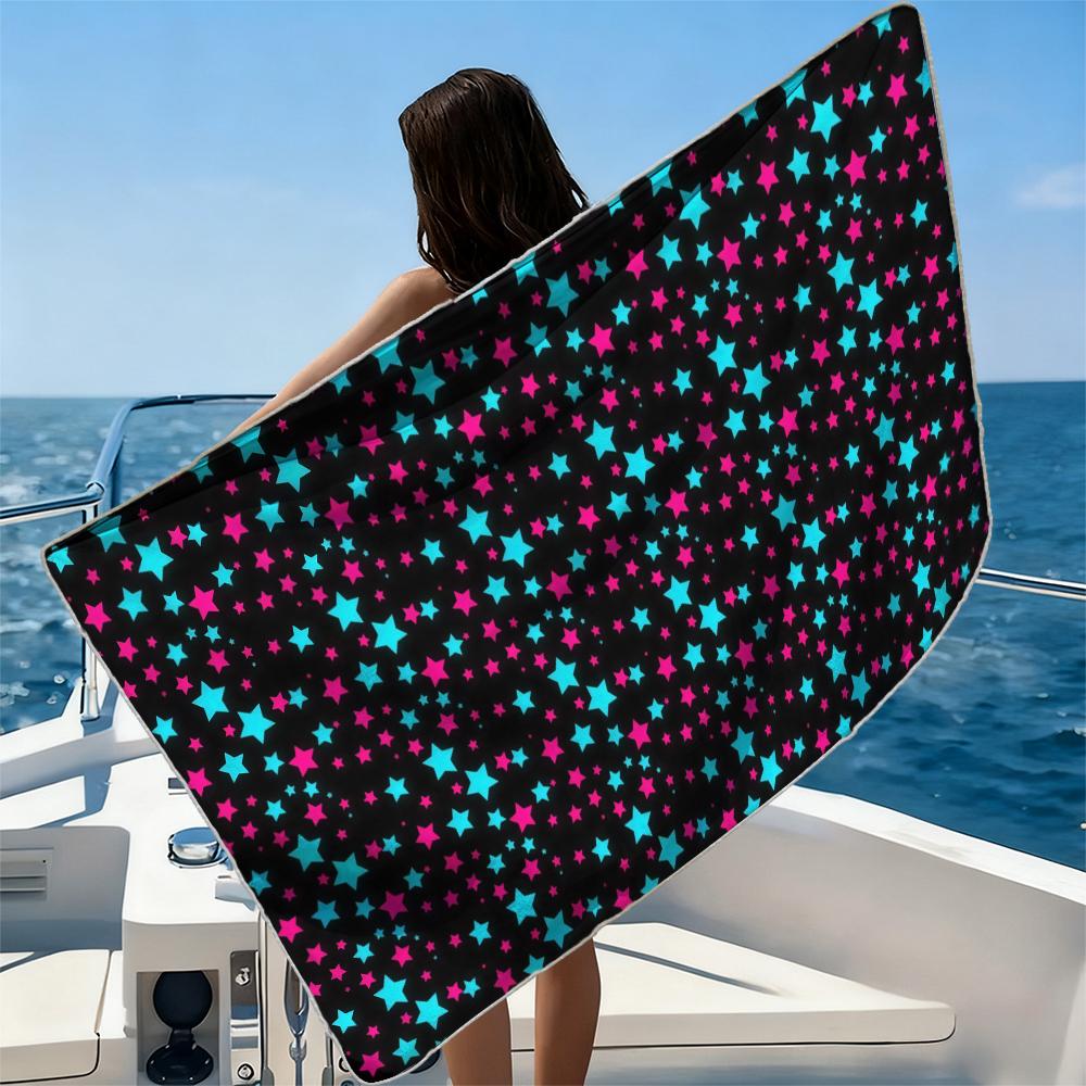 Neon Pink Cyan Star Dots Beach Towel Ultra-fine Fiber Quick Drying Absorbent Beach Swimming Vacationvacation Essentials Gifts