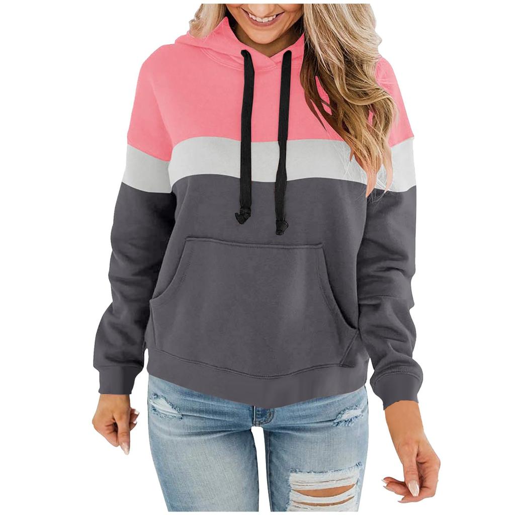 Ladies Hooded Plaid Print Long Sleeve Sweatshirt Loose Women Drawstring Sweatshirt
