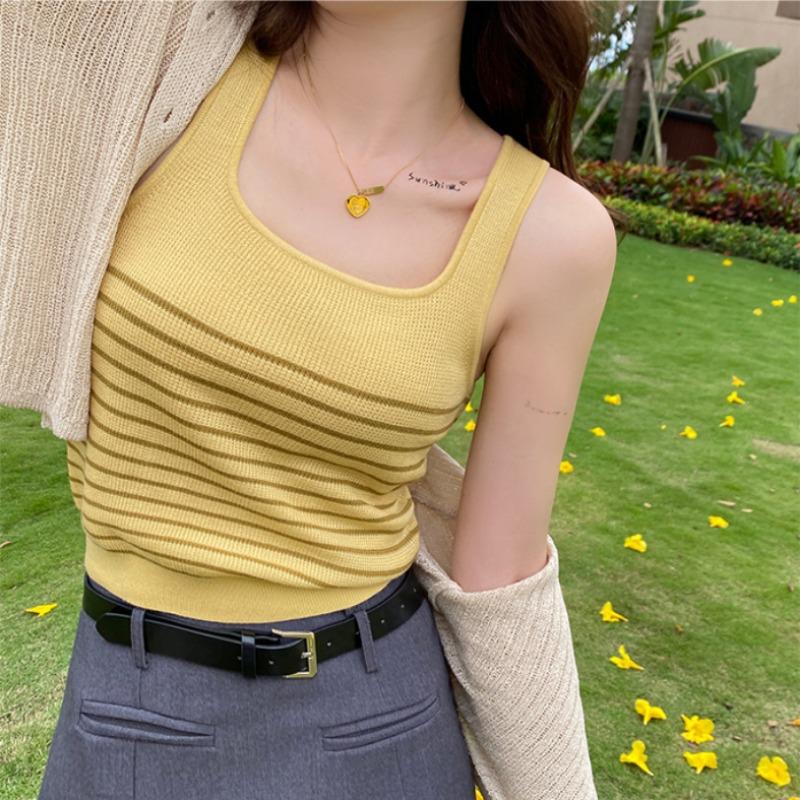 Трикотажный женский жакет с бретелькой через шею, французский полосатый топ, маленький костюм с безрукавкой и квадратным воротником