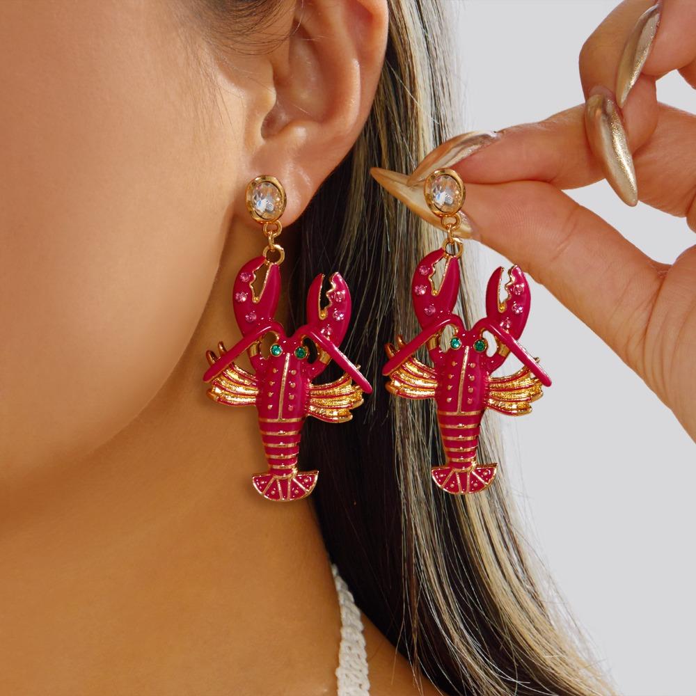 Ocean Series Lobster Earrings Enameled Metal Ear Jewelry Cute Animal Earrings for Girls Ladies