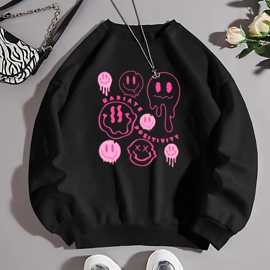 Пуловер с круглым вырезом и принтом улыбки ко Дню святого Валентина, свободный свитшот с длинными рукавами