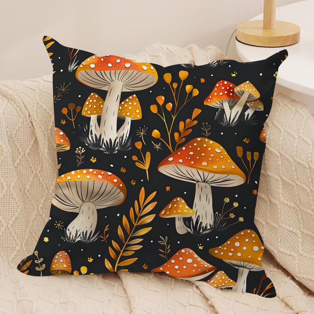 Mushroom Illustrations Cushion Cover Pillowcase Ultra Soft Skin Friendly Fabric Cloud Like Comfort Concealed Zipper