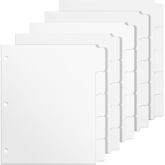3 Ring Binder Dividers with 5-Tabs for Letter Size, 1/5 Cut, 3-Hole Punched, Write & Erase Plastic Binder Dividers Extra Durable Section Index