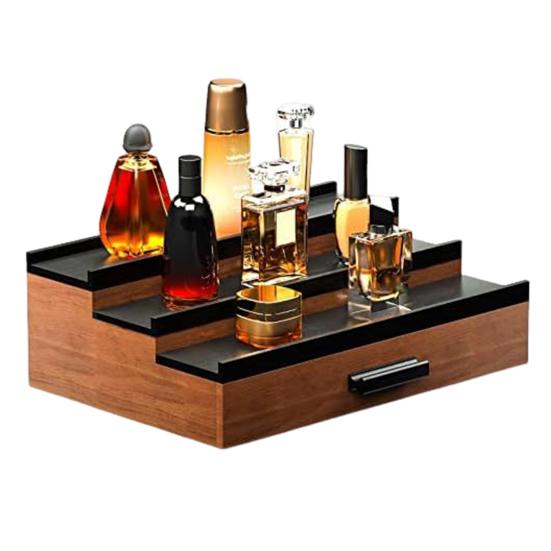 3 Tiers Wooden Perfume Display Stand with Storage Drawer Large Capacity Desktop Perfume Organizer Storage Box