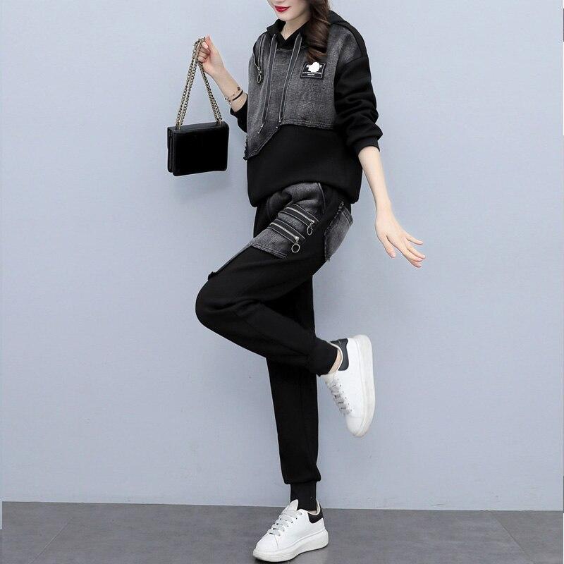 Spring Autumn Fashion Set Women's Versatile Loose and Slim Spliced Denim Hooded Long Sleeve Two Piece Printed Lady Clothing