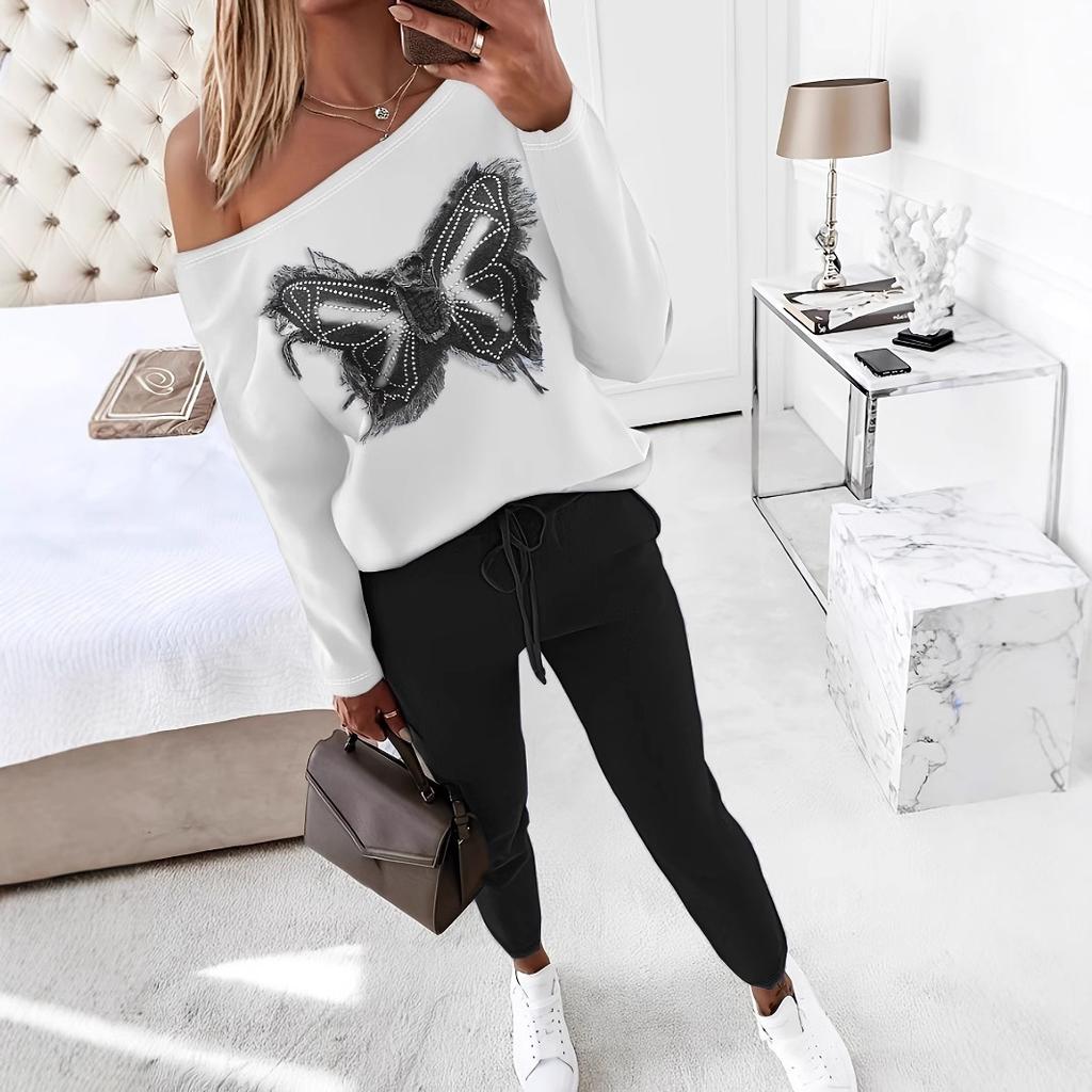 Женские комплекты с декоративной аппликацией в виде бабочки, длинными рукавами, косыми плечами, однотонные брюки на завязках, комплект из двух предметов