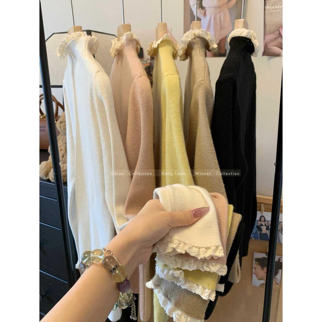 Девичий милый топ с полувысоким воротником, женская весенняя кружевная вставка, внутренняя базовая рубашка, вязаный свитер