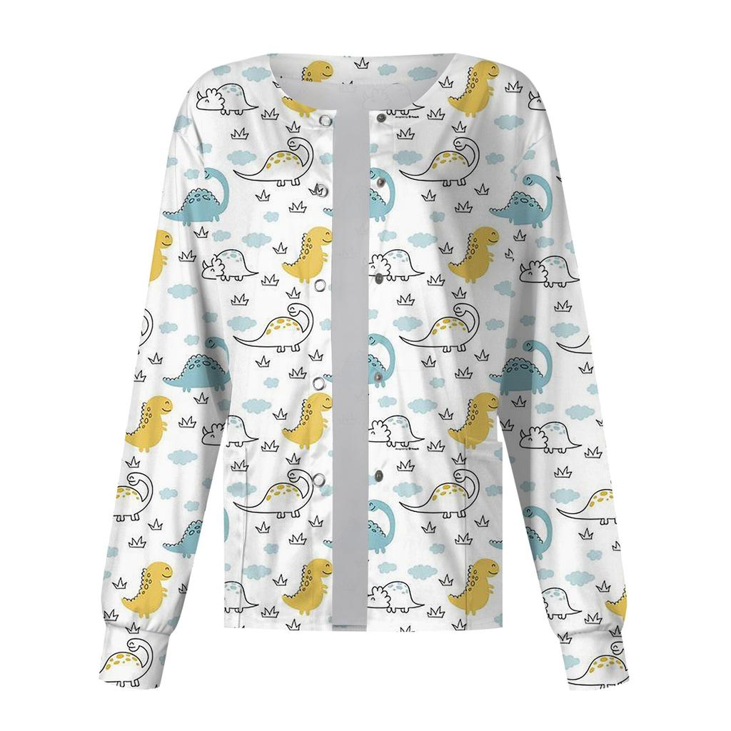 Женский однобортный защитный комбинезон с длинным рукавом и рисунком динозавра, карманный рабочий воротник-стойка, кардиган, куртка, топ