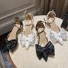Summer Women Fetish 7cm High Heels Satin Sandals Lady Pointed Toe Low Heels Elegant Bow Wedding Bridal Party Silk Shoes