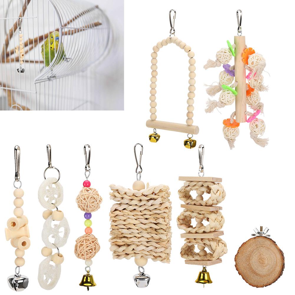 8 Packs Bird Parrots Hanging Swing Cage Toys Natural Wood Bird Climbing Chewing Toy Set