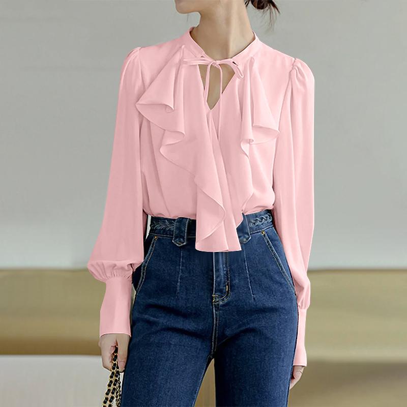 VONDA Женские блузки из гладкого атласа с оборками и завязкой на шее с длинным рукавом