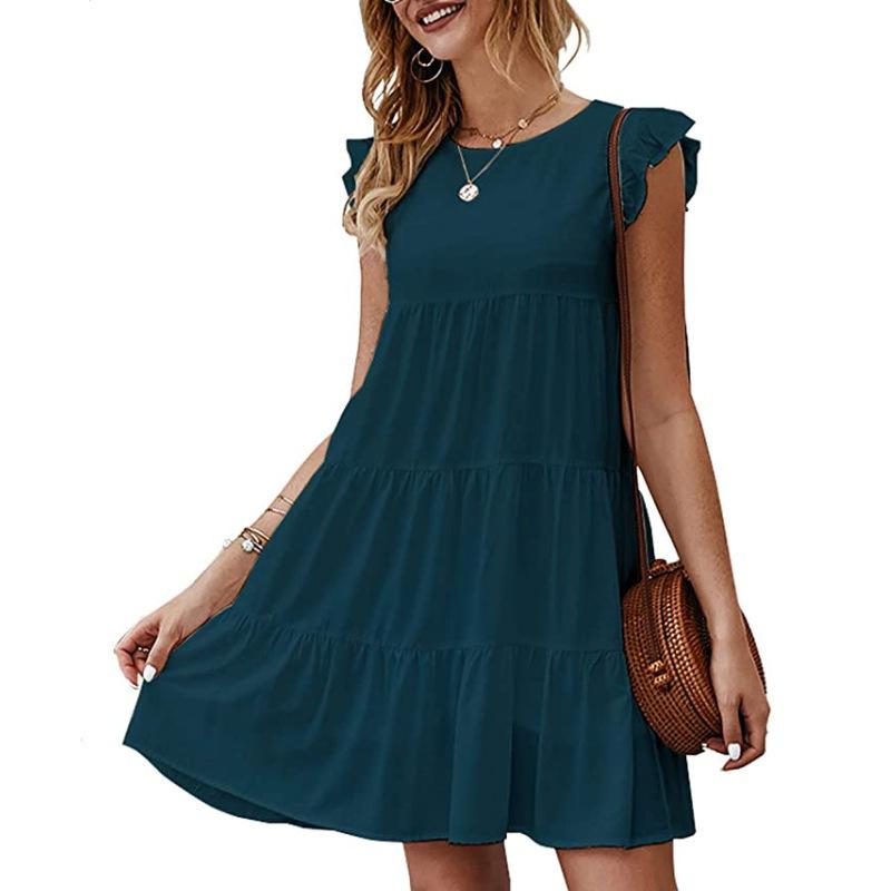 Women's Summer New Solid Round Neck Short Sleeve Casual Cake Dress Pleated Swing Dress