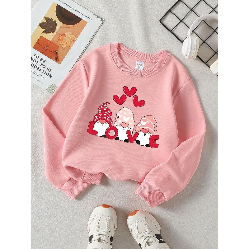 Valentine's Day Fashion Girls' Polyester Long-Sleeve Crewneck SweatshirtLove Gnomes Hearts Valentine Soft, Comfortable, Warm