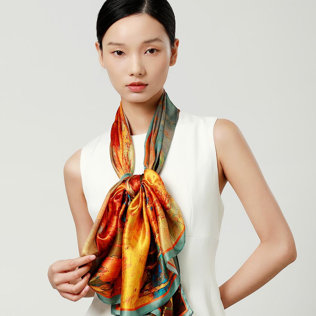 100% Mulberry Silk Classic Oil Painting Long Silk Scarf for Women