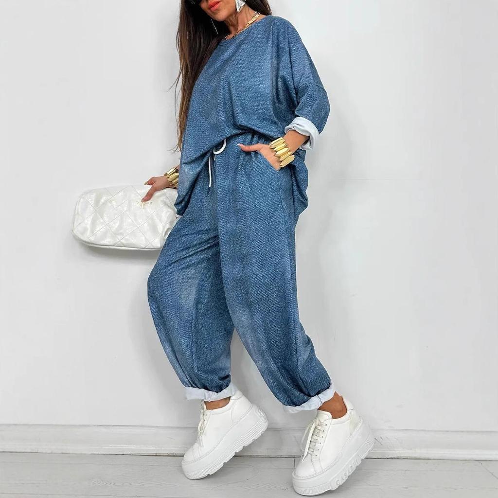 Женский повседневный комплект топ с круглым вырезом и свободные брюки с эффектом стирки на весну/осень 2025