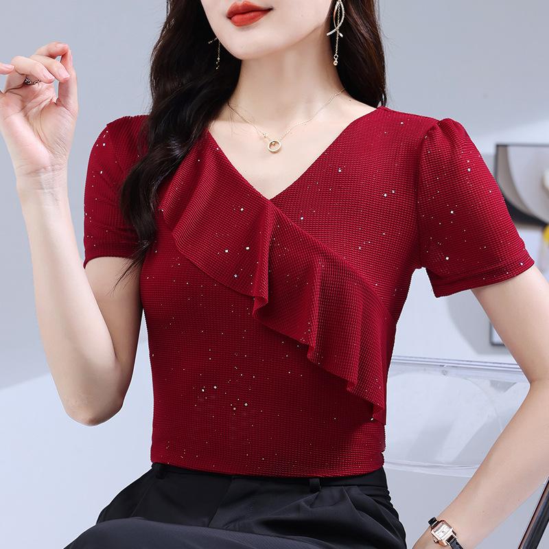 Футболка с короткими рукавами и V-образным вырезом, оборками, женская летняя, облегающая, однотонная, из высокоэластичной сетки, топы Blusas