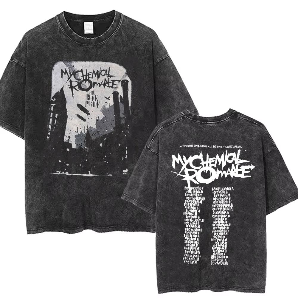 Men Women Punk Emo Rock Oversized Short Sleeve Tops Rock Band My Chemical Romance Washed Vintage Printed T Shirt