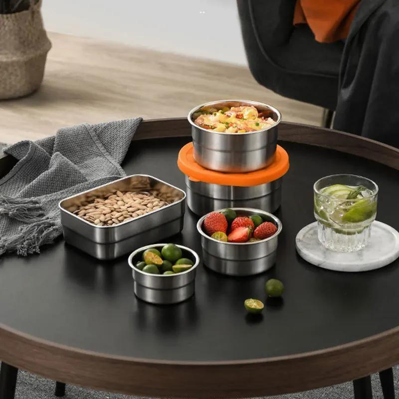 304 Stainless Steel Lunch Box Refrigerator Fresh Keeping Box with Silicone Lid Food Storage Containers Bento Kitchen Organizer