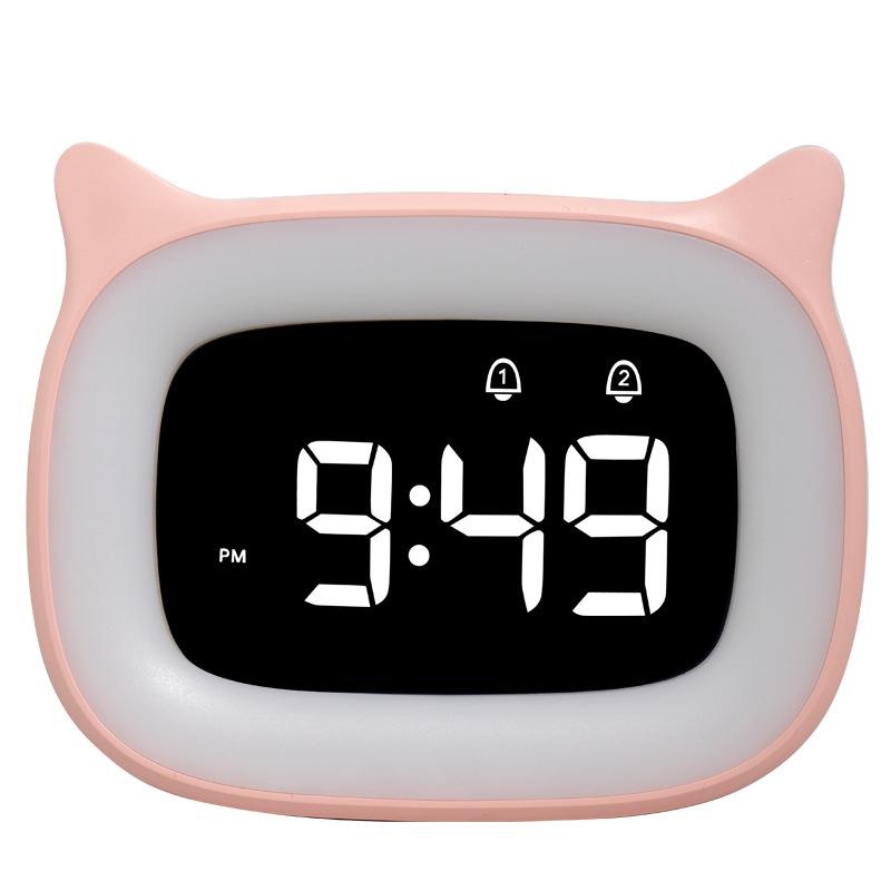 Kids Alarm Clock LED Cartoon Cat Ear Digital Clock Student Bedside with Night Light & 18 Ringtones