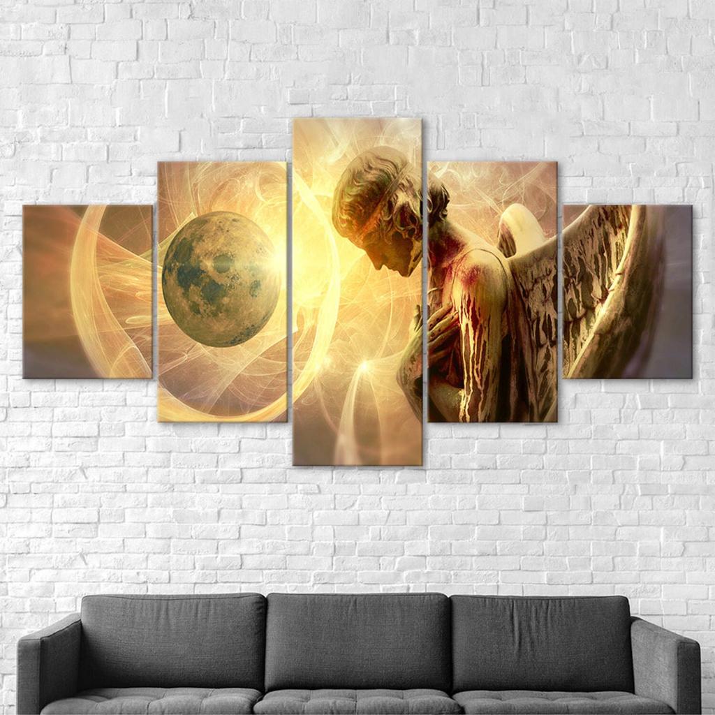 Angel Figure Love Full Moon Scene 5 Piece Five Panel Wall Canvas Print Modern Art Poster Picture Home Decor Gift For Him For Her
