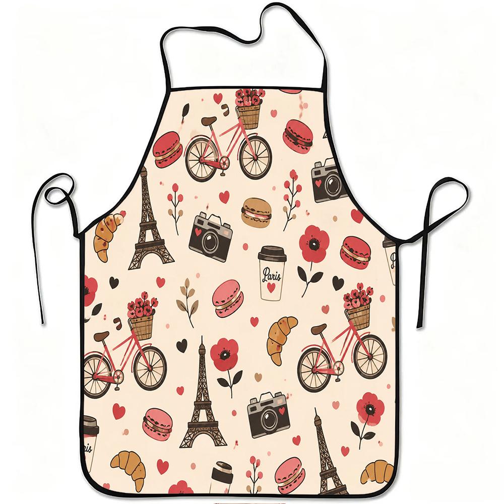 1pc French Paris Apron with Eiffel Tower, Macaron & Flower Print - Adjustable Waistband Suitable for Cooking,, Gardening, Picking, Christmas, Hallowee