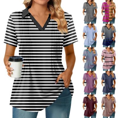 Женские футболки с коротким рукавом, плиссированные, с V-образным вырезом, с принтом, с воротником, летние топы, модные, деловые, повседневные, рабочие