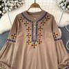 Женская блузка в этническом стиле с круглым вырезом и вышитыми рукавами-фонариками в стиле ретро, ​​летние женские топы с цветными блоками