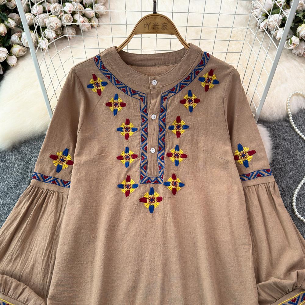 Женская блузка в этническом стиле с круглым вырезом и вышитыми рукавами-фонариками в стиле ретро, летние женские топы с цветными блоками