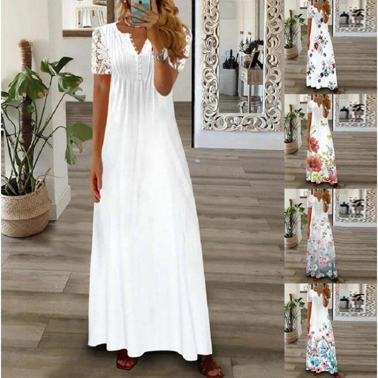 Spring Summer Women Lace Dress Elegant Loose A-line Long Dress Sexy Plus Size Short Sleeve Robe Fashion Clothes 25968