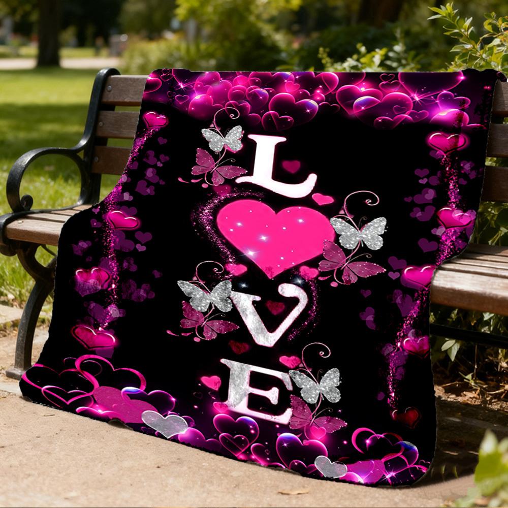 1pc Love Hearts Butterfly Print Outdoor Flannel Blanket Soft All Season Polyester Throw , Perfect for Picnics & Travel , Picnic Accessory