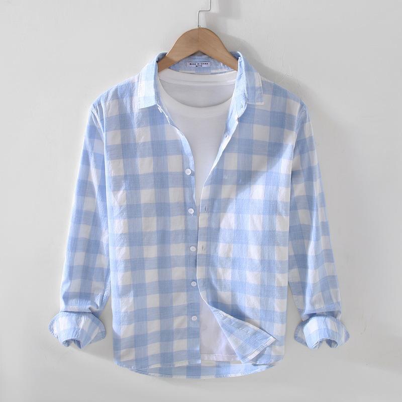 913 S/S Fresh Plaid Long Sleeve Shirt - Men's Casual Loose Fit Square Collar