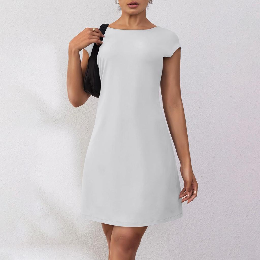 Женское летнее повседневное платье-футболка с открытой спиной и короткими рукавами, вечерние платья с круглым вырезом