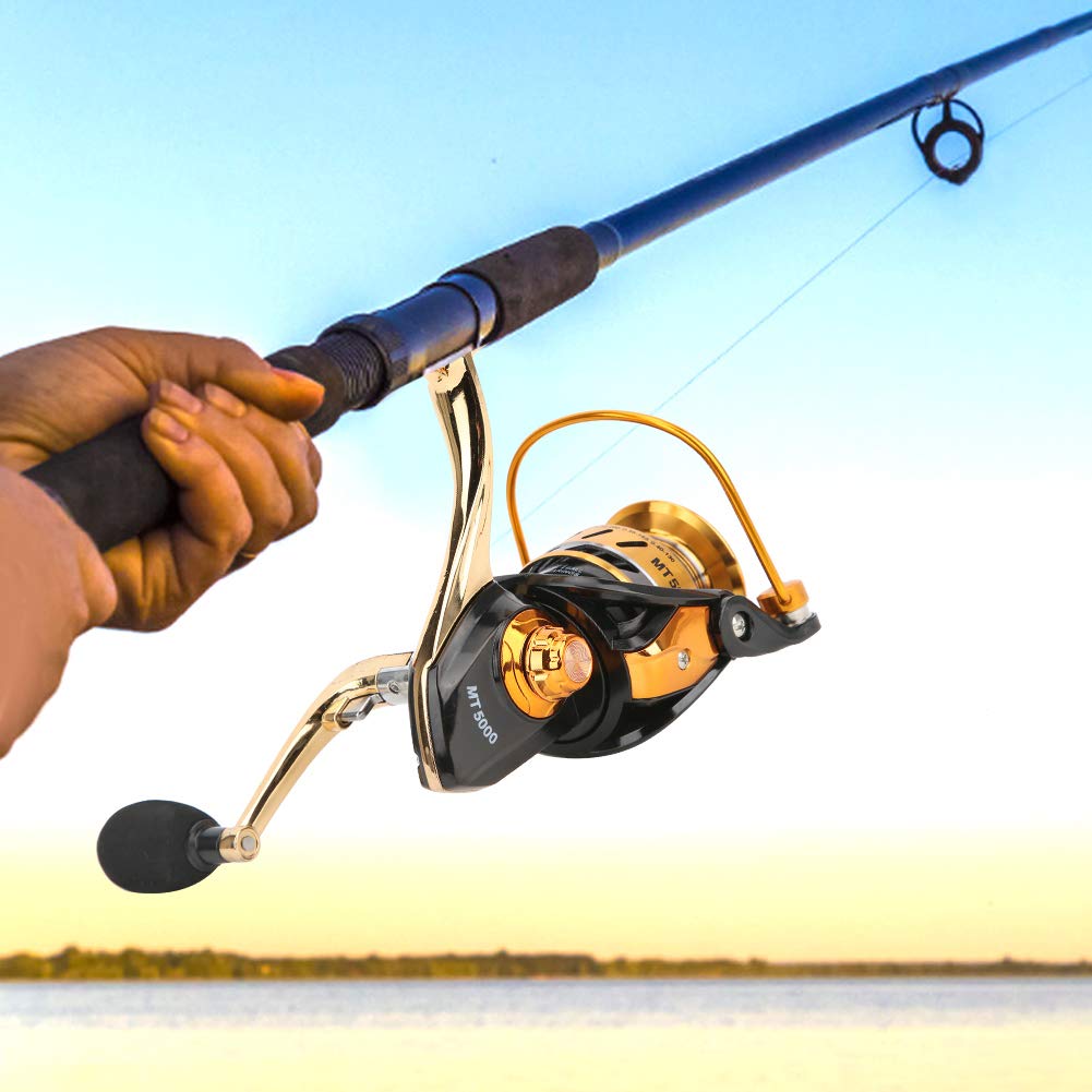 Fishing Reel Lightweight Ultra Smooth All Metal Interlocking Free Fishing Reel Folding Rocker Arm Saltwater Spinning Wheel (MT5000 Black Gold)