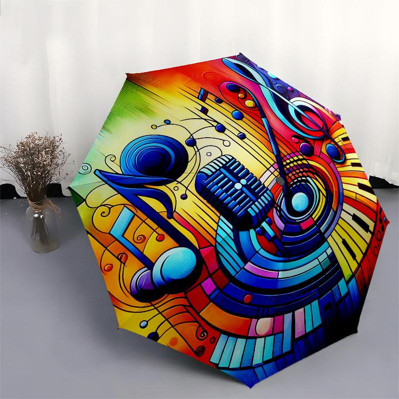 Music Notes, Piano Keys Automatic Folding Umbrella 8 Ribs, Durable Iron Frame, Bright Color Pattern Compact Travel Umbrella, Suitable for O