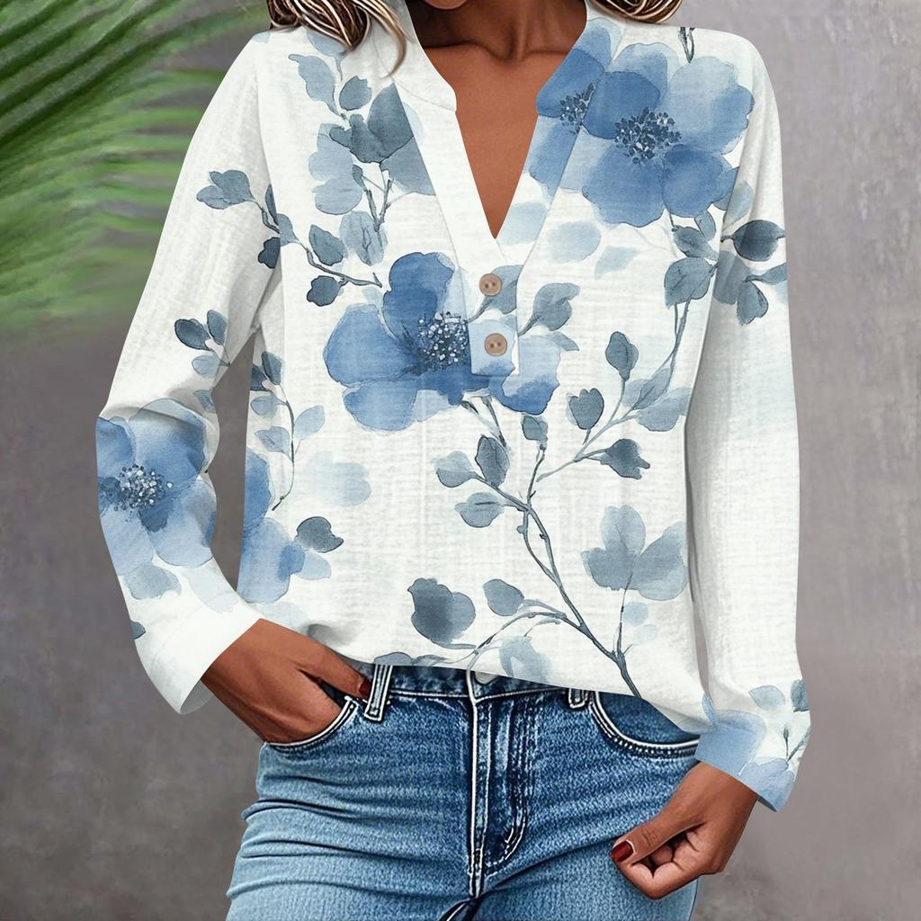 Женская модная и повседневная рубашка с длинным рукавом, V-образным вырезом, на пуговицах, с принтом, блузка, топ