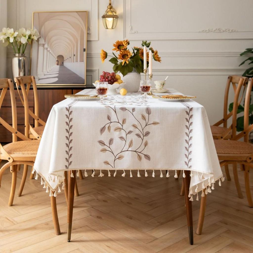 Jiexin European Style Embroidered Tablecloth - Coffee Leaves Design for Home Decor