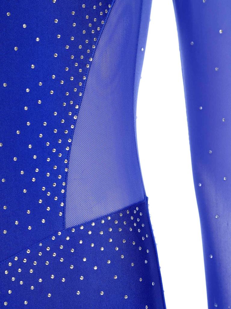 Womens Gymnastics Figure Skating Leotard Long Sleeve Sheer Mesh Sparkle Rhinestone Bodysuit