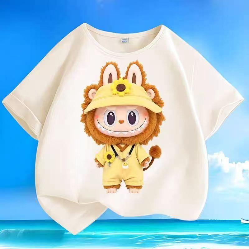 Детские футболки с мультяшным принтом двенадцати созвездий LABUBU, бежевый топ с коротким рукавом для мальчиков и девочек, трендовая одежда, подарок