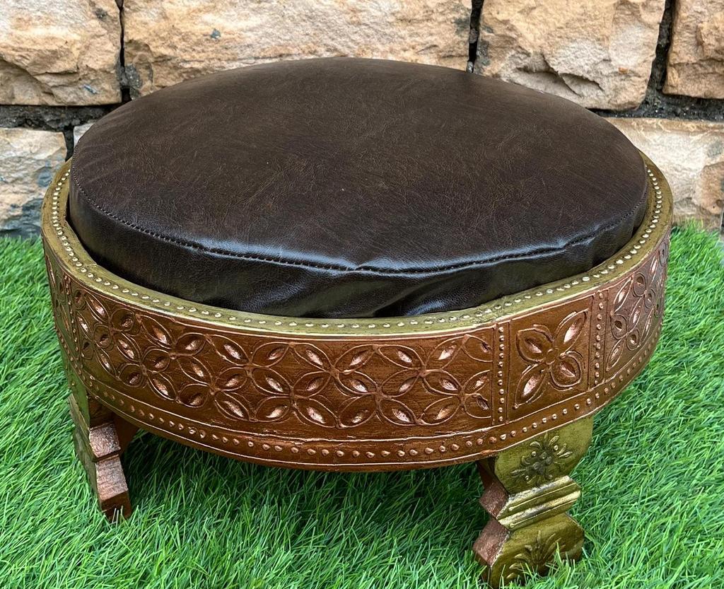 Wooden Round Side Table With Cushion-Carved Sitting Grinder Table-Wooden Bedside Central Table Art Furniture Decor-End Table Art Decor