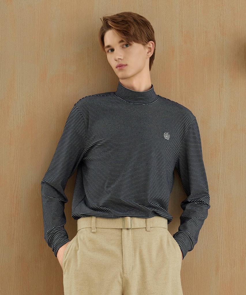 APPLE+RIND Warm Brushed Mock Neck T-Shirt_Navy Stripe