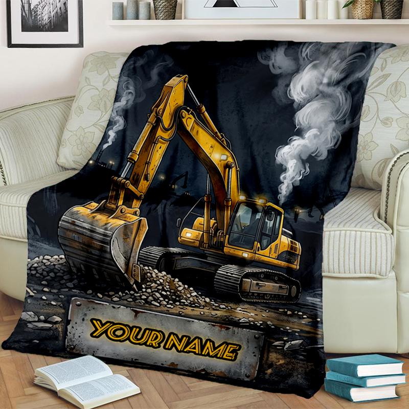 1PC Custom Name "Excavator Action" flannel blanket versatile,all-season throw suitable for the living room,bedroom,camping,travel,and gift