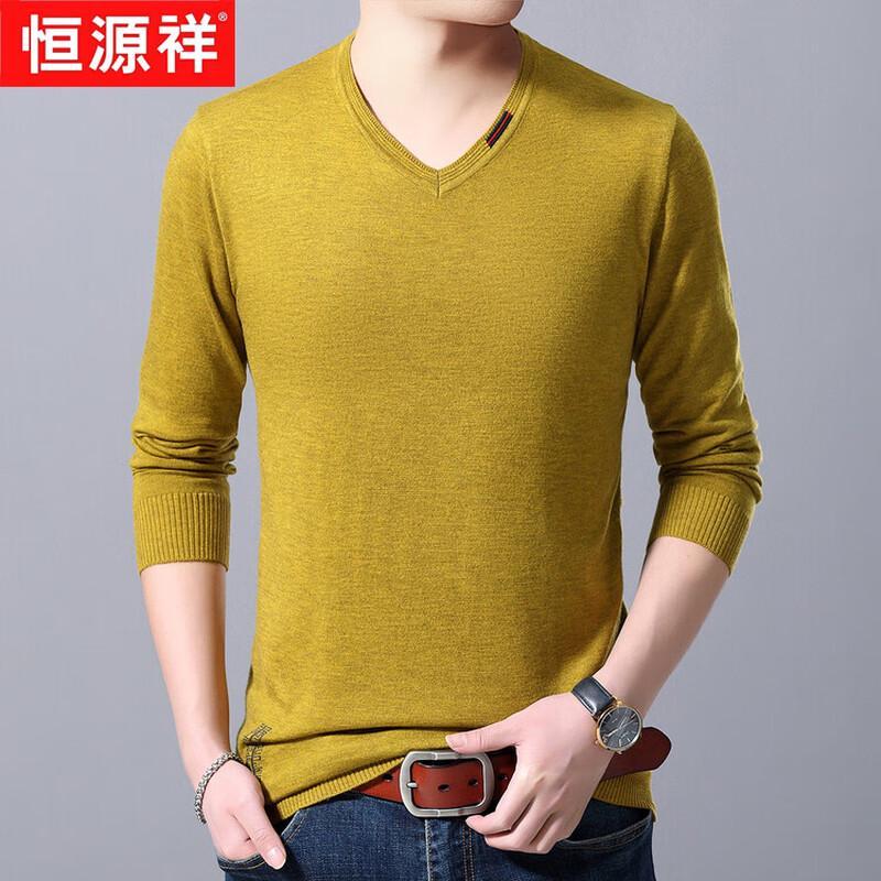 Hengyuanxiang Men's V-Neck Solid Color Wool Blend Long Sleeve Sweater
