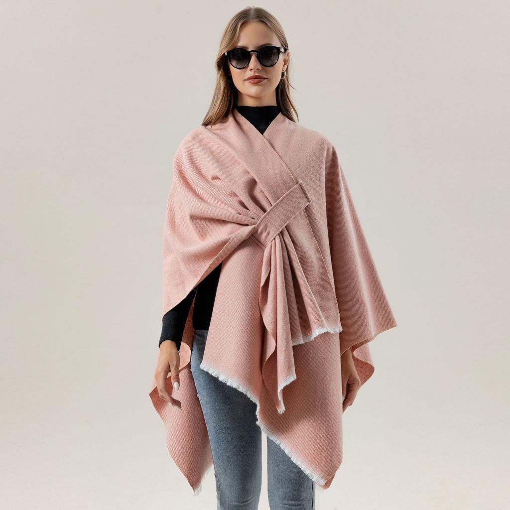 European and American Style Women's Fashion Shawl Knitted Solid Color Pashmina Split Tie Cape Autumn and Winter Warm Scarf