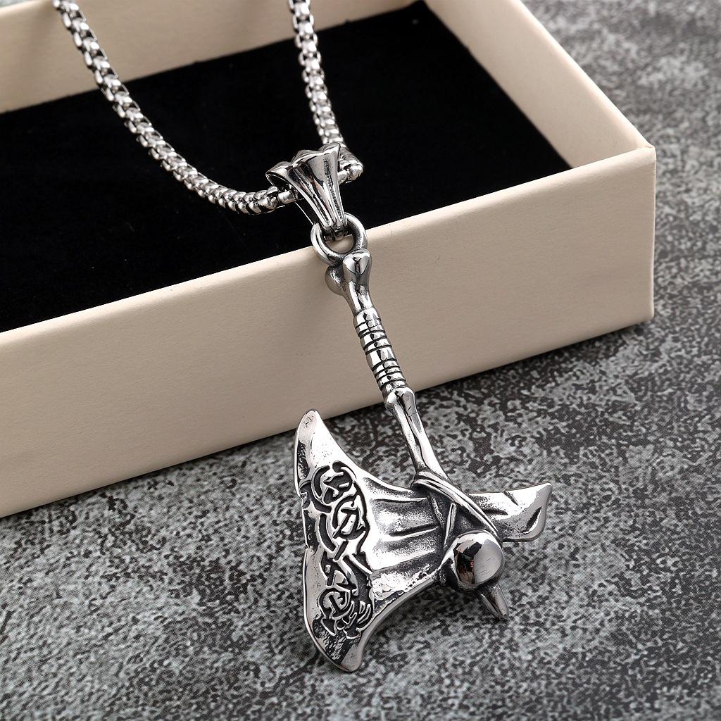 Vintage Stainless Steel Men's Viking Battle Axe Necklace Punk Style Pendant