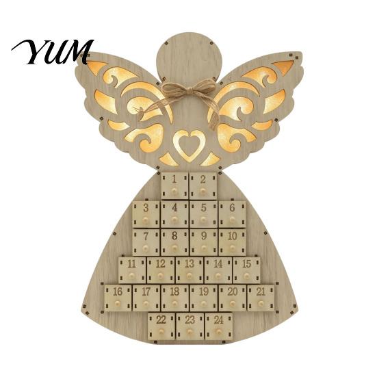 Christmas Light Up Decor Wooden Angel Advent Calendar with 24 Storage Drawers, Countdown Holiday Tabletop Display to Decoration for Winter Party