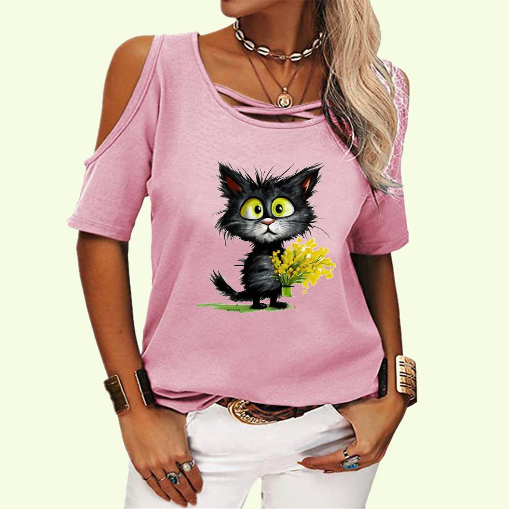 Женская модная футболка с открытыми плечами, женская повседневная футболка с круглым воротником, летний принт, короткий рукав, футболка