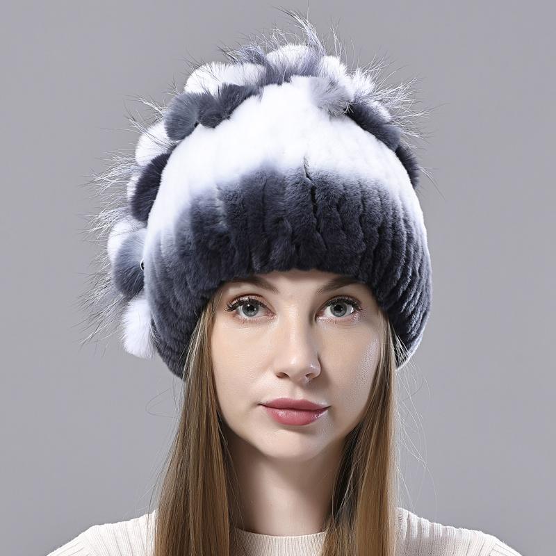 Зимние шапки женские из кроличьего меха шапки Рекс с цветочным принтом эластичные пушистые женские стильные теплые меховые шапки